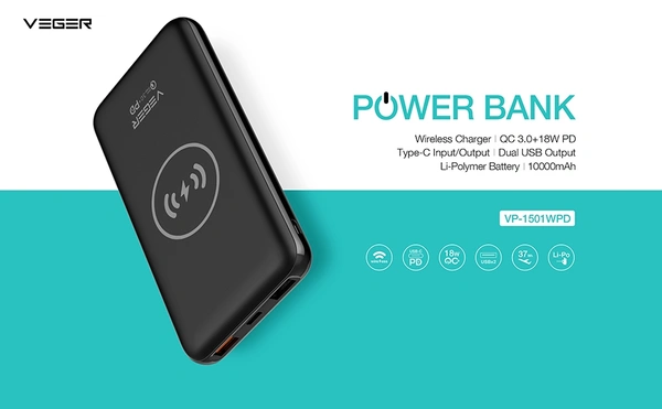 VEGER 10000MAH WIRELESS POWER BANK  - black, 3 MONTHS MOBICARE WARRANTY