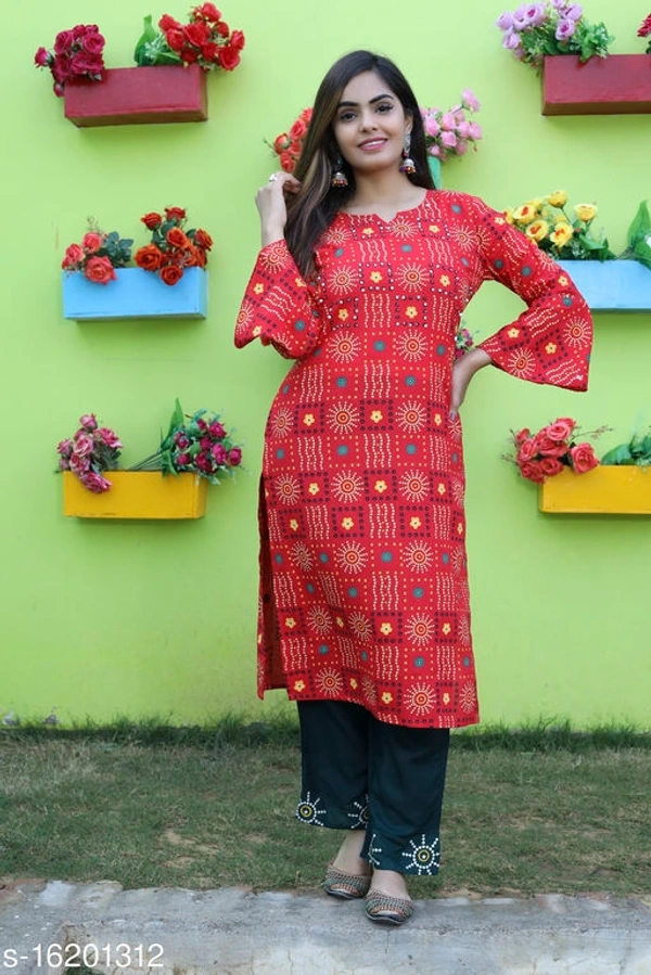 Printed & Hand work Kurta with Palazzo and Pants Set - Free Shipping, M