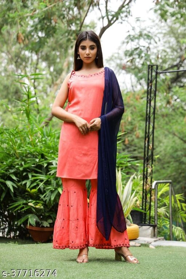 Stylish Embroidered Rayon Sleveless Kurti with Sharara and Gharara with Full Length Dupatta - Free Shipping, XS