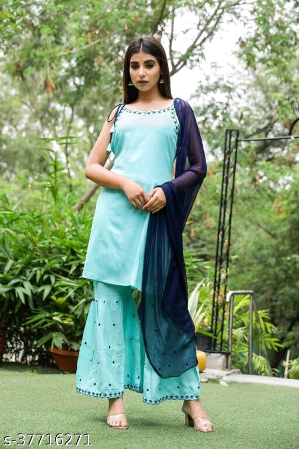 Stylish Embroidered Rayon Sleveless Kurti with Sharara and Gharara with Full Length Dupatta - Free Shipping, S
