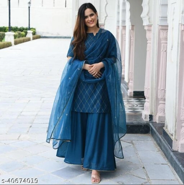 Women's Rayon Gold Printed Kurta With Sharara Dupatta Set - Free Shipping, M