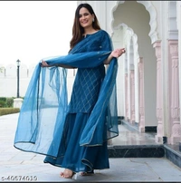 Women's Rayon Gold Printed Kurta With Sharara Dupatta Set - Free Shipping, XL