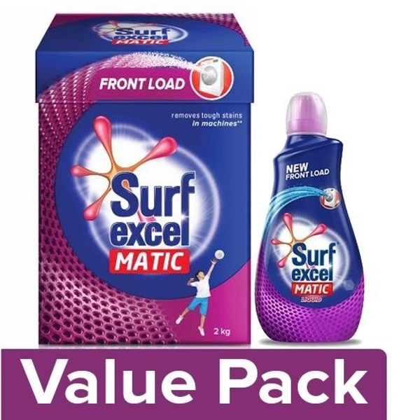 Surf Excel Matic Front Load Detergent Powder 2 kg + Liquid Matic - Front Load 500 ml, Combo 2 items