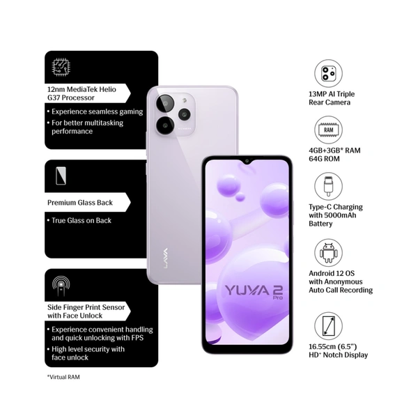 Lava Yuva 2 Pro - Glass Lavender, 4GB+3GB* Ram / 64GB Rom, 1 Year