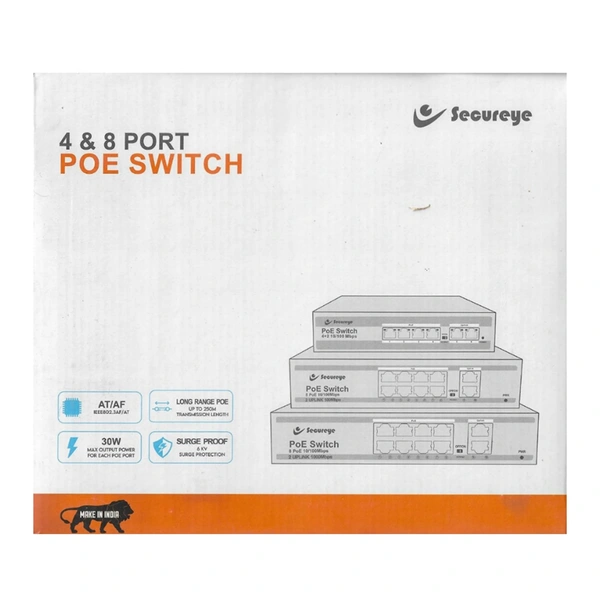 Secureye 4 Port + 2 Uplink Ports 10/100 Mbps PoE Switch (4+2 Port) - 1 Year