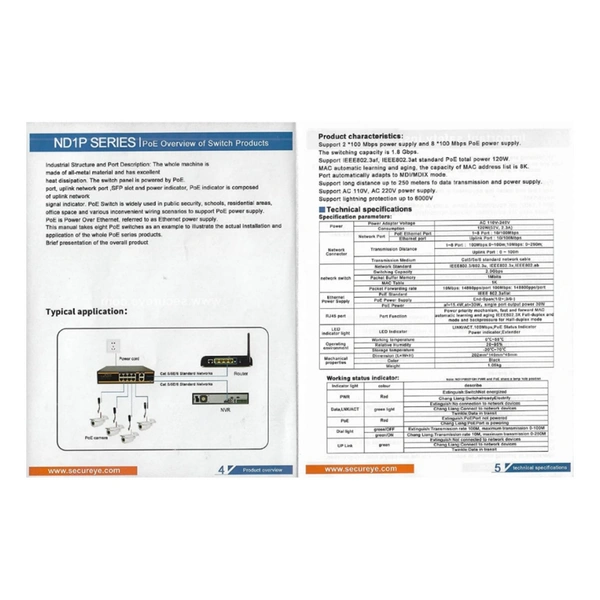 Secureye 4 Port + 2 Uplink Ports 10/100 Mbps PoE Switch (4+2 Port) - 1 Year