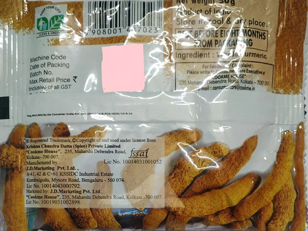 Cookme Turmeric Powder (কুকমি হলুদ গুঁড়ো) - Pouch (পাউচ), 2 May,2022, we are retailer not manufacturer of this product before use read everything carefully, Rich aroma | Adds distinct flavour to food, 8 Months, Brand-Cookme | Manufacturer-Krishna Chandra Dutta (Spices) | Country of Origin-India, 50 gm (৫০ গ্রাম)