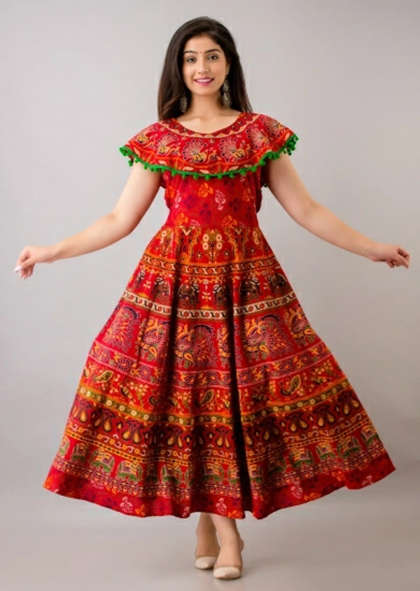 Printed Cotton Blend Stitched A-Line Gown - Free Size, Red