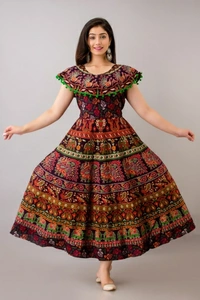 Printed Cotton Blend Stitched A-Line Gown - Free Size, Red