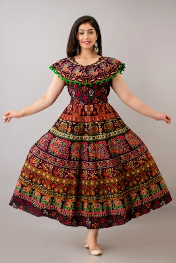 Printed Cotton Blend Stitched A-Line Gown - Free Size, Red