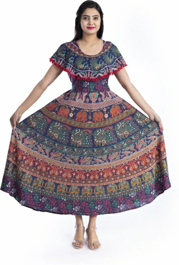 Printed Cotton Blend Stitched A-Line Gown - Free Size, Red