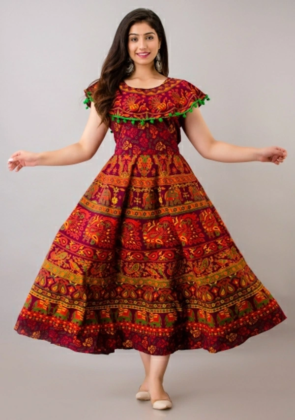 Printed Cotton Blend Stitched A-Line Gown - Free Size, Green