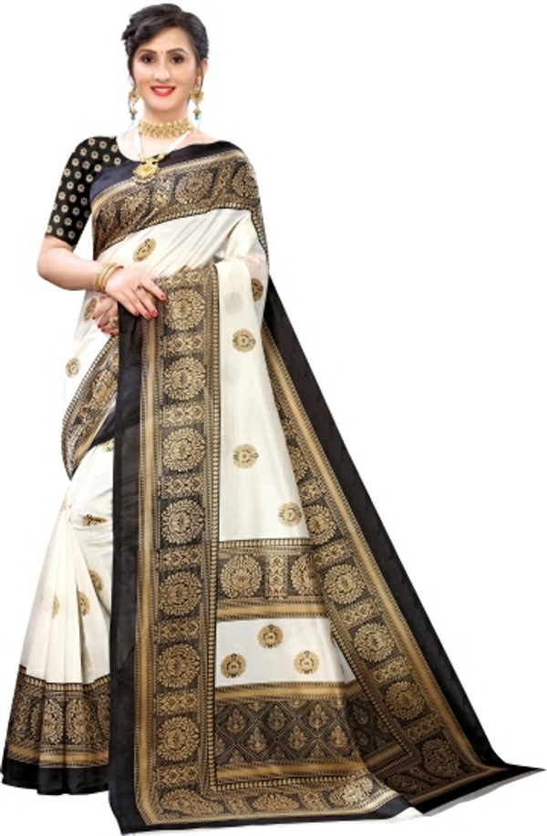Floral Print, Paisley Mysore Silk Art Saree - Black
