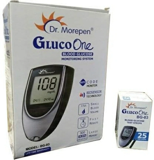 Dr. Morepen BG-03 Glucometer And 25 strips GlucometerMinimum Blood Sample: 0.5 microlitre10 Lancets25 StripsNo Returns Applicable, No questions asked. - White