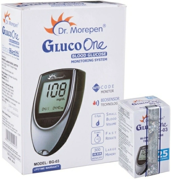Dr. Morepen BG-03 Glucometer And 25 strips GlucometerMinimum Blood Sample: 0.5 microlitre10 Lancets25 StripsNo Returns Applicable, No questions asked. - White