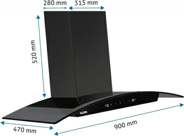 Glen ISPA 90 BL Auto Clean Wall Mounted ChimneyWidth: 60 cm, 90 cm90 cm : Suitable for 4-5 Burners1050 CMHFilterless : No Filter used, instant auto-clean with heat/water on button pressAutoclean:  Uses water/heat to auto-clean the collection chamberVery effective in removing odor10 Days Replacement Policy, No questions asked. - Black, 90 cm
