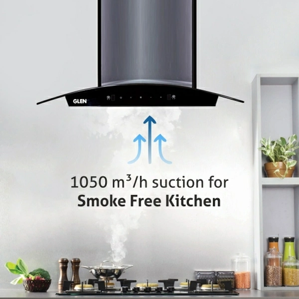 Glen ISPA 90 BL Auto Clean Wall Mounted ChimneyWidth: 60 cm, 90 cm90 cm : Suitable for 4-5 Burners1050 CMHFilterless : No Filter used, instant auto-clean with heat/water on button pressAutoclean:  Uses water/heat to auto-clean the collection chamberVery effective in removing odor10 Days Replacement Policy, No questions asked. - Black, 90 cm