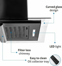 Glen ISPA 90 BL Auto Clean Wall Mounted ChimneyWidth: 60 cm, 90 cm90 cm : Suitable for 4-5 Burners1050 CMHFilterless : No Filter used, instant auto-clean with heat/water on button pressAutoclean:  Uses water/heat to auto-clean the collection chamberVery effective in removing odor10 Days Replacement Policy, No questions asked. - Black, 90 cm