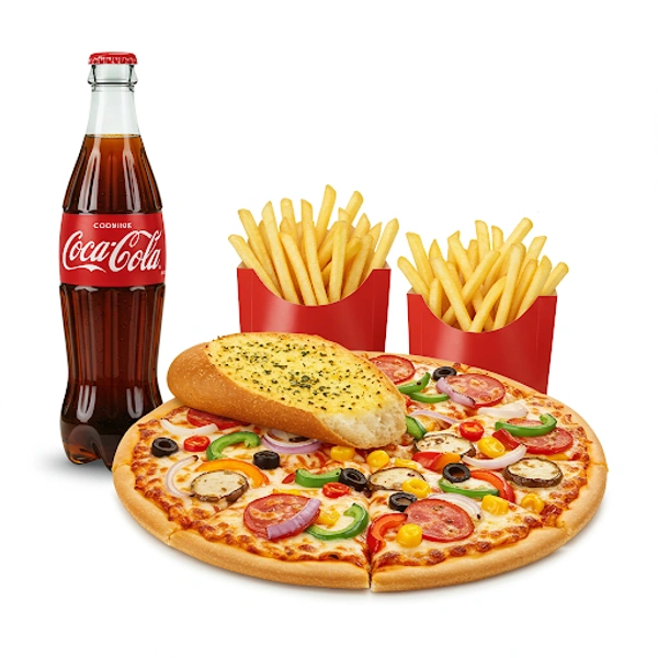 Town Pizza  Meal For 3 Person = 1 Veg Pizza , 1 Garlic Bread + 2 French Fries + 500 ml Coke 