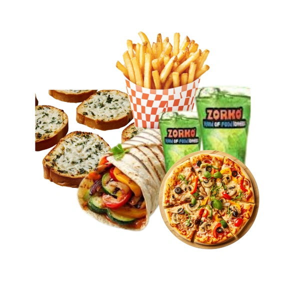 Zorko  Any Pizza + Classic Veg.Wrap + Classic Garlic Bread + Salted French Fries + Any Two Mojito - Meal For Two