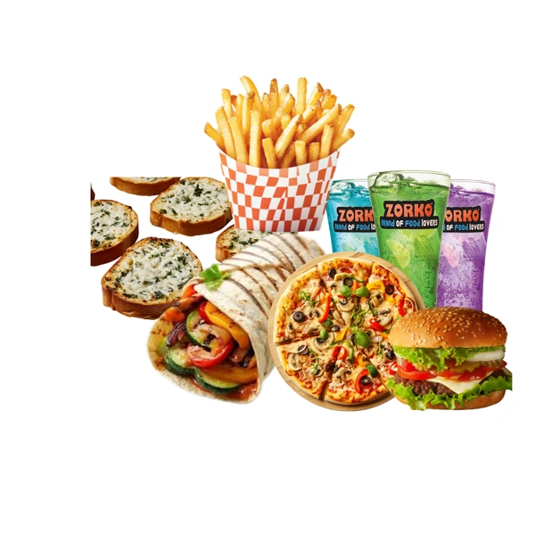 Zorko Any Pizza + Classic Veg.Wrap + Classic Garlic Bread + Salted French Fries + Any Three Mojito + Classic Burger - Meal For Three