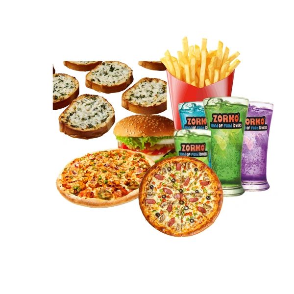 Zorko  Veg Exotic Pizza + Margherita Pizza +Mexican King Burger + Classic Garlic Bread + Salted French Fries + Any Four  Mojito  - Meal For Family