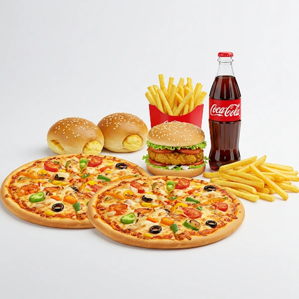 Town Pizza  Family Meal = 2 Pizza + 2 Stuffed Garlic Bread + 1 Aloo Tikki Burger + 2 Regular Fries +One 500ml Coke