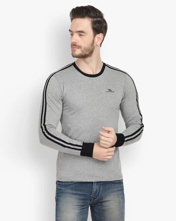 Crew Neck Grey Black Strip Full Tshirt - XL