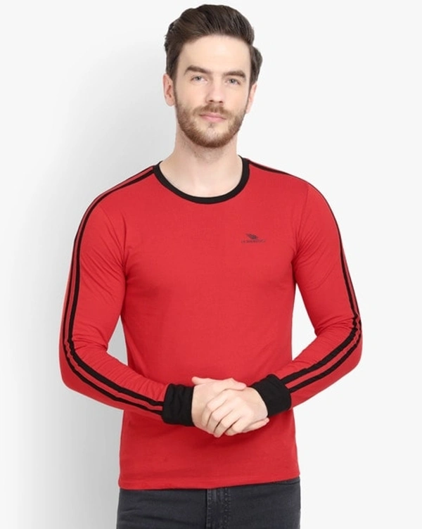 Red Crew Neck T-shirt With Black Strip Full Sleeve  - S