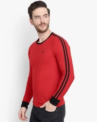 Red Crew Neck T-shirt With Black Strip Full Sleeve  - S