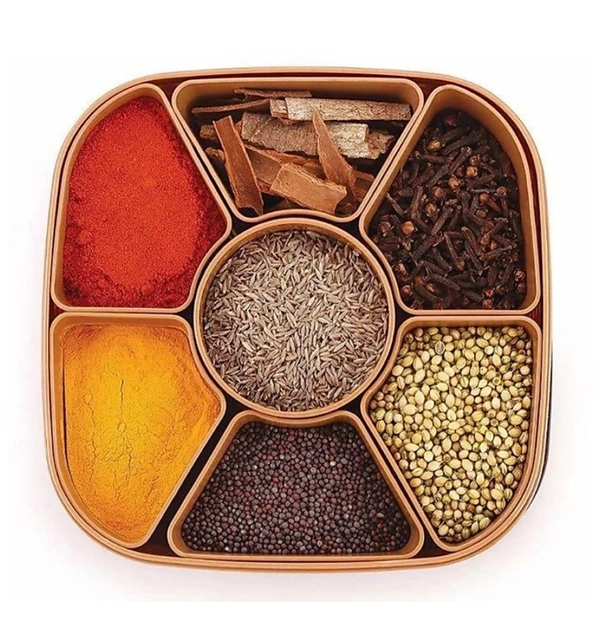 mitron Masala Rangoli Box Dabba forKeeping Spices | Spice Box for Kitchen| Plastic Wooden Style Masala Box| Masala Container | Masala Dabba(Brown) 1 Piece Spice Set (Plastic)