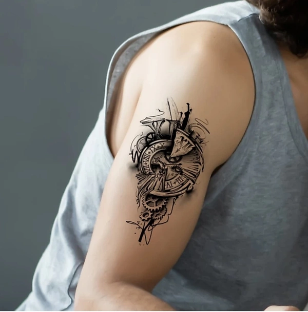 komstec Compass Clock TattooWaterproof Sticker For Men andWomen Temporary Body Tattoo(Compass Clock Tattoo) - black color