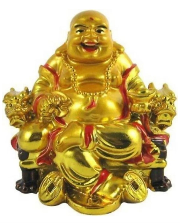 VIRSAA BEAUTIFULLY HANDCRAFTED FENG SHUI LAUGHINGBUDDHA SITTING ON CHAIR WITHGOLD COINS FOR GOOD FORTUNE,HEALTH ,WEALTH AND PROSPERITYSHOWPIECE GIFT SET DecorativeShowpiece - 7.5 cm (Polyresin, Gold)