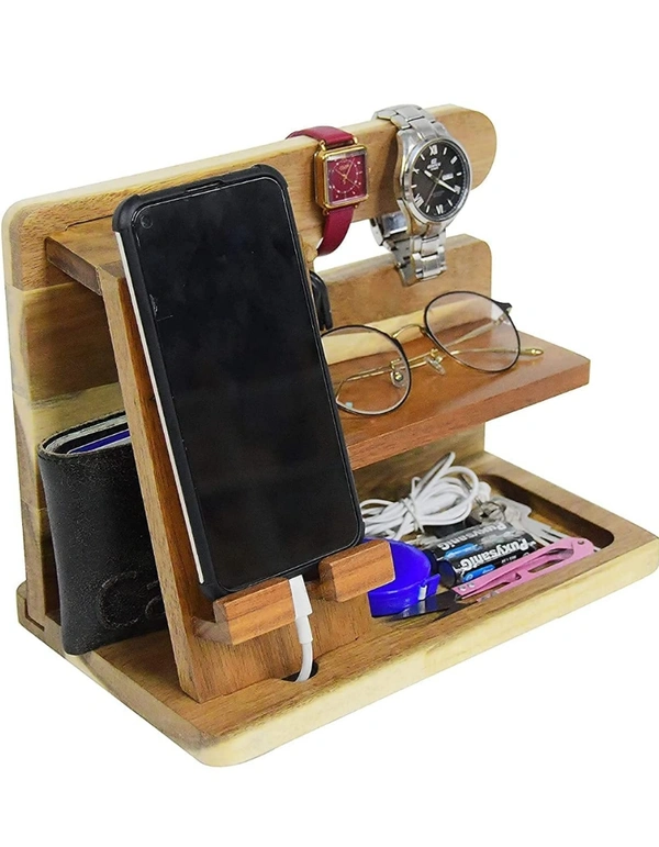LEMISH Phone Docking Station Hooks Key Holder Wallet Stand Watch Organizer Plywood Personalized for Men Customized tech Mens Gift for Husband Father Nightstand Graduation Male Idea Gadgets (Brown) - Brown Color