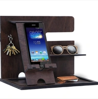 LEMISH Phone Docking Station Hooks Key Holder Wallet Stand Watch Organizer Plywood Personalized for Men Customized tech Mens Gift for Husband Father Nightstand Graduation Male Idea Gadgets (Brown) - Brown Color