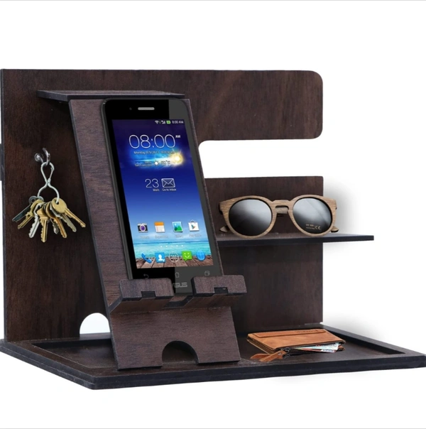 LEMISH Phone Docking Station Hooks Key Holder Wallet Stand Watch Organizer Plywood Personalized for Men Customized tech Mens Gift for Husband Father Nightstand Graduation Male Idea Gadgets (Brown) - Brown Color