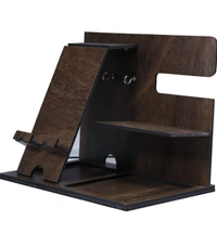 LEMISH Phone Docking Station Hooks Key Holder Wallet Stand Watch Organizer Plywood Personalized for Men Customized tech Mens Gift for Husband Father Nightstand Graduation Male Idea Gadgets (Brown) - Brown Color