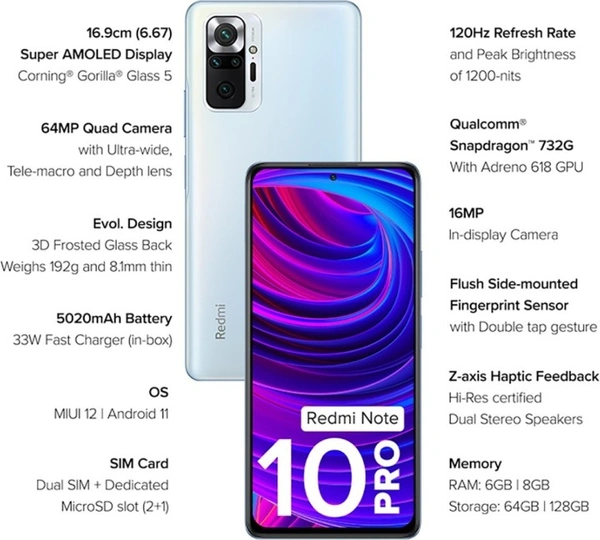 REDMI Note 10 Pro (Glacial Blue, 128 GB) (6 GB RAM) - Glacial Blue, 6 GB RAM 128 Internal