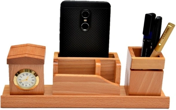 SURYAATC 4 Compartments Wood Desk Organizer (Brown)