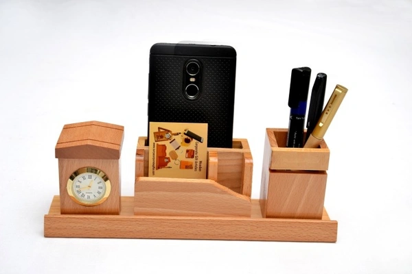 SURYAATC 4 Compartments Wood Desk Organizer (Brown)
