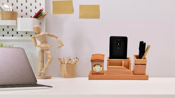 SURYAATC 4 Compartments Wood Desk Organizer (Brown)