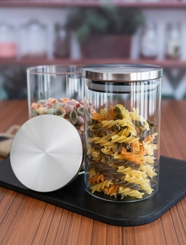 GOODHOMES Set of 2 Transparent Borosilicate Airtight Jars with Metal Lid - White col