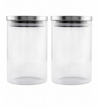GOODHOMES Set of 2 Transparent Borosilicate Airtight Jars with Metal Lid - White col