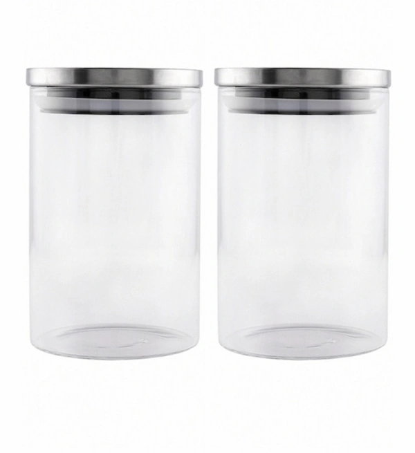 GOODHOMES Set of 2 Transparent Borosilicate Airtight Jars with Metal Lid - White col