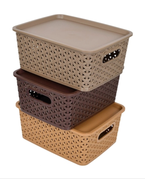 Kuber Industries Set Of 3 Brown & Beige Texured Small Size Multipurpose Solitaire Storage Basket With Lid