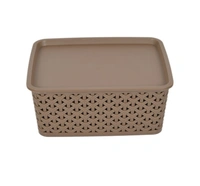 Kuber Industries Set Of 3 Brown & Beige Texured Small Size Multipurpose Solitaire Storage Basket With Lid