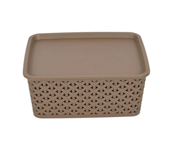 Kuber Industries Set Of 3 Brown & Beige Texured Small Size Multipurpose Solitaire Storage Basket With Lid