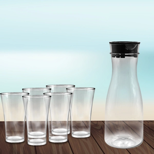 0076_Transparent Unbreakable Water Juicy Jug and 6 Pcs. Glass Combo Set for Dining Table Office Restaurant Pitcher