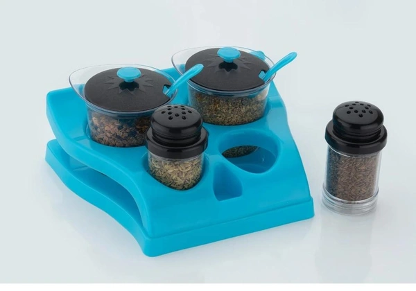 0078 Plastic Aachar Pickle Container/Chutney/Mukhwas Tray/Masala Tray/Dining Spice Stand (Set of 4 Jar, 2 Spoon, 1 Tray,)