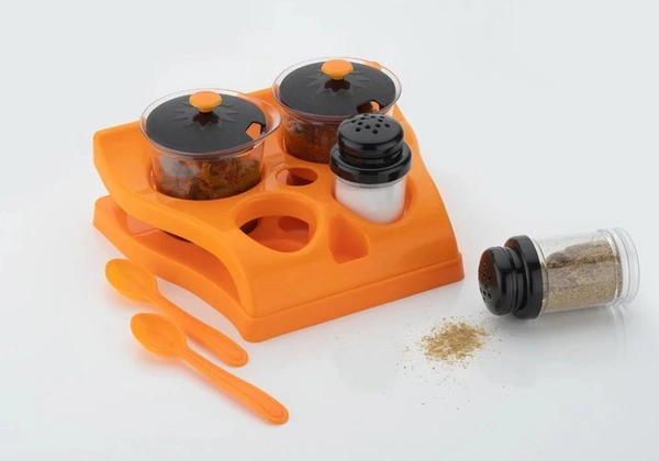 0078 Plastic Aachar Pickle Container/Chutney/Mukhwas Tray/Masala Tray/Dining Spice Stand (Set of 4 Jar, 2 Spoon, 1 Tray,)